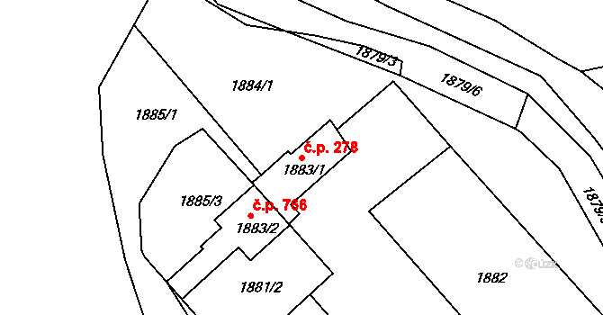 Vyškov-Předměstí 278, Vyškov na parcele st. 1883/1 v KÚ Vyškov, Katastrální mapa
