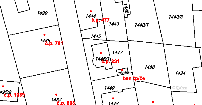 Úvaly 831 na parcele st. 1446/1 v KÚ Úvaly u Prahy, Katastrální mapa