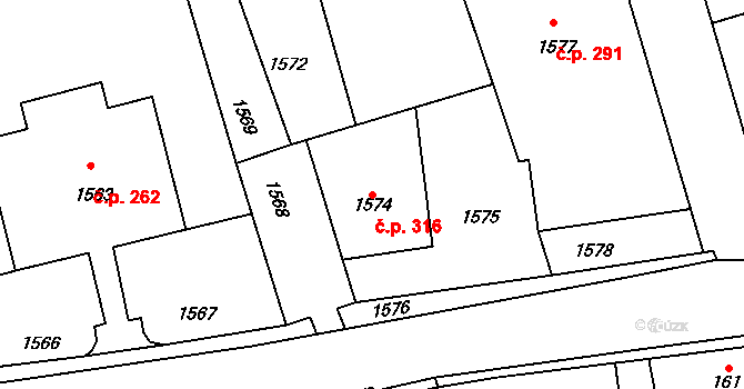 Buštěhrad 316 na parcele st. 1574 v KÚ Buštěhrad, Katastrální mapa