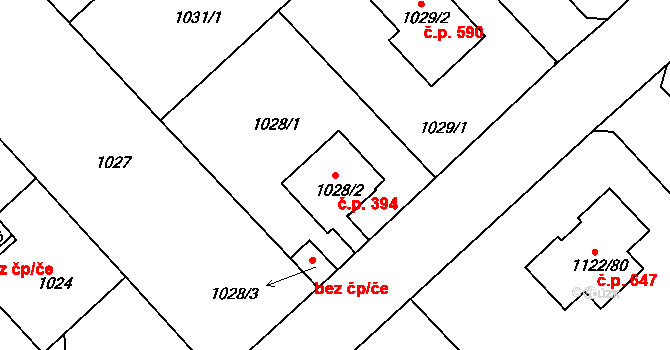 Tuchlovice 394 na parcele st. 1028/2 v KÚ Tuchlovice, Katastrální mapa