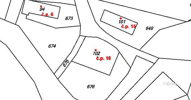 Třtí 18, Sychrov na parcele st. 102 v KÚ Radostín u Sychrova, Katastrální mapa