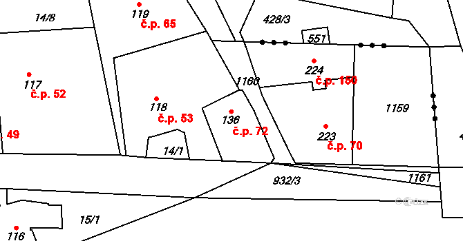Všeň 72 na parcele st. 136 v KÚ Všeň, Katastrální mapa