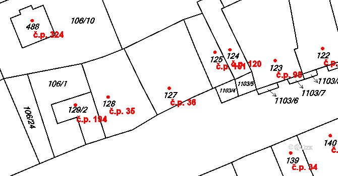 Cerhovice 36 na parcele st. 127 v KÚ Cerhovice, Katastrální mapa