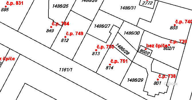 Třebechovice pod Orebem 750 na parcele st. 813 v KÚ Třebechovice pod Orebem, Katastrální mapa