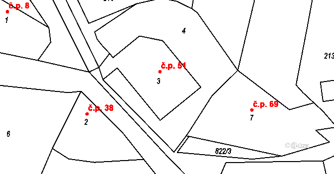 Městečko 51 na parcele st. 3 v KÚ Městečko u Křivoklátu, Katastrální mapa