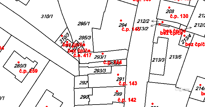 Roudnice nad Labem 144 na parcele st. 293/1 v KÚ Roudnice nad Labem, Katastrální mapa
