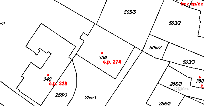 Miletín 274 na parcele st. 339 v KÚ Miletín, Katastrální mapa