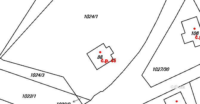 Lčovice 45 na parcele st. 88 v KÚ Lčovice, Katastrální mapa