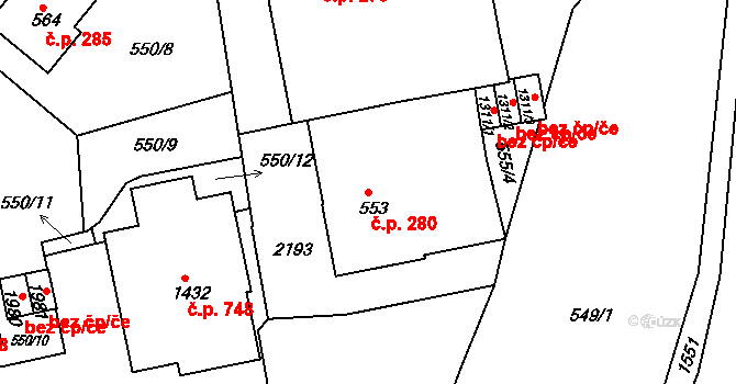 Prachatice II 280, Prachatice na parcele st. 553 v KÚ Prachatice, Katastrální mapa