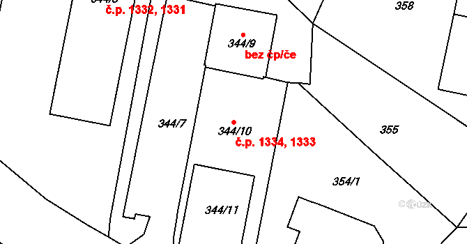 Střekov 1333,1334, Ústí nad Labem na parcele st. 344/10 v KÚ Střekov, Katastrální mapa