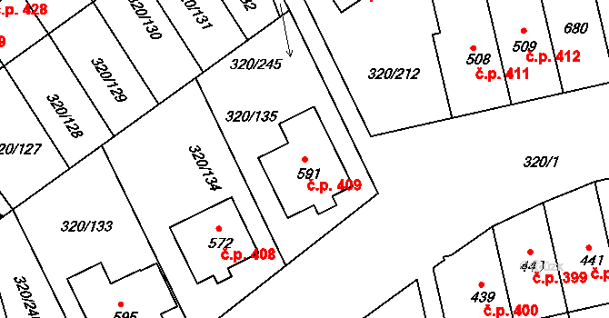 Přední Ptákovice 409, Strakonice na parcele st. 591 v KÚ Přední Ptákovice, Katastrální mapa
