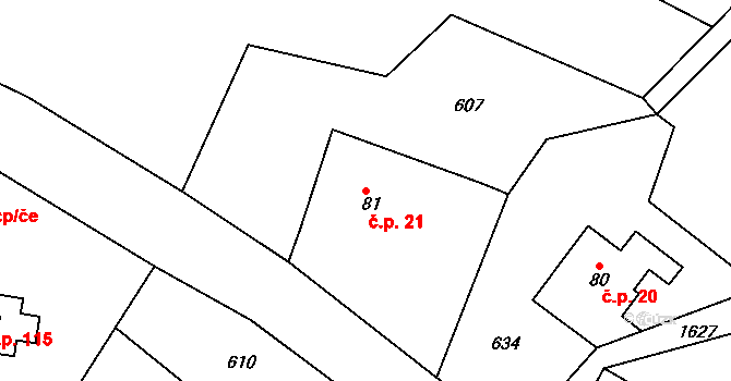 Březiny 21 na parcele st. 81 v KÚ Březiny u Poličky, Katastrální mapa