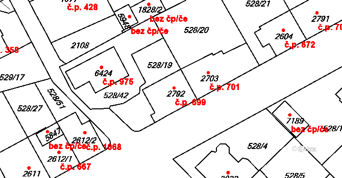 Borovina 699, Třebíč na parcele st. 2792 v KÚ Třebíč, Katastrální mapa