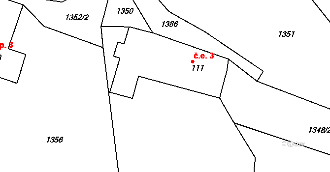Kocourov 3, Bílá na parcele st. 111 v KÚ Petrašovice, Katastrální mapa