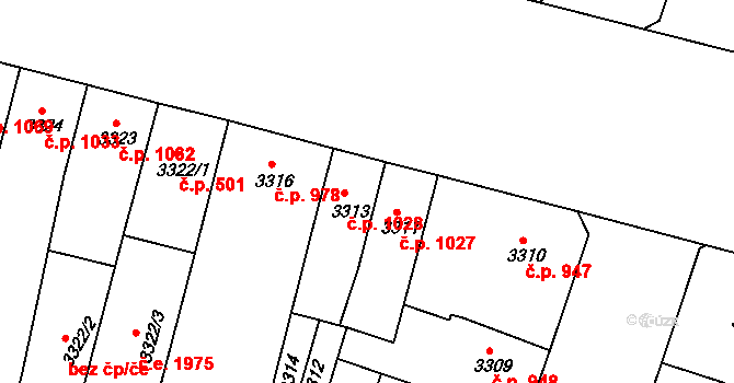 Teplice 1028 na parcele st. 3313 v KÚ Teplice, Katastrální mapa