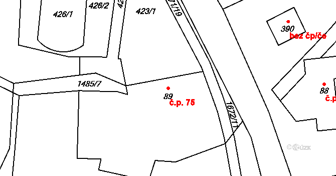 Huntířov 75, Vítězná na parcele st. 89 v KÚ Huntířov, Katastrální mapa