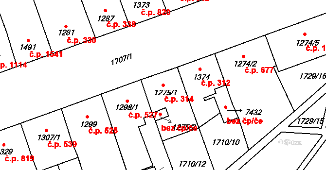 Cheb 314 na parcele st. 1275/1 v KÚ Cheb, Katastrální mapa