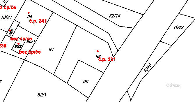 Droužkovice 231 na parcele st. 88 v KÚ Droužkovice, Katastrální mapa