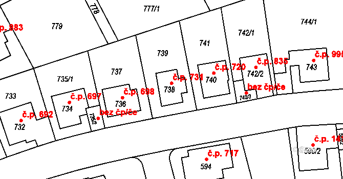 Radotín 731, Praha na parcele st. 738 v KÚ Radotín, Katastrální mapa