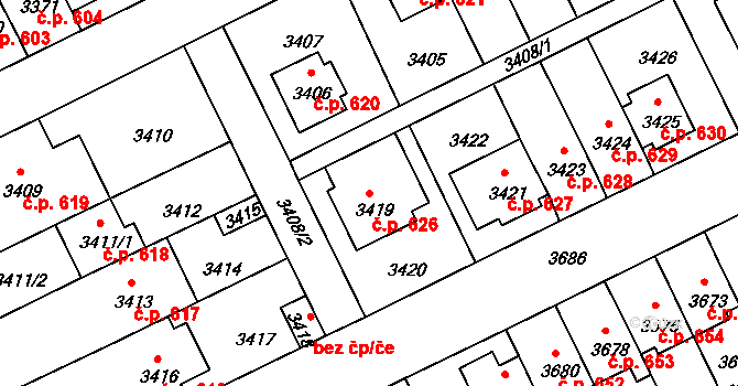 Záběhlice 626, Praha na parcele st. 3419 v KÚ Záběhlice, Katastrální mapa