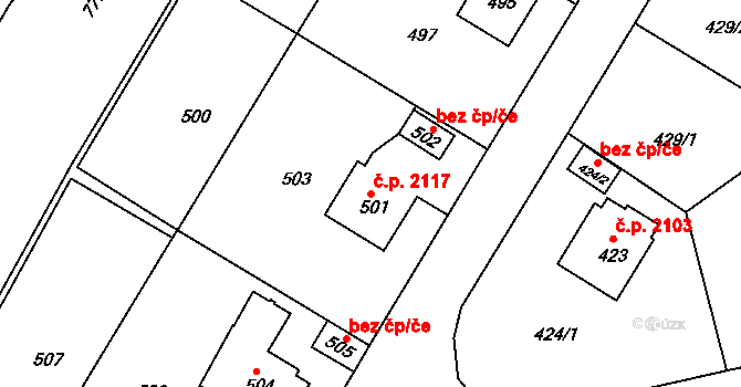 Komořany 2117, Praha na parcele st. 501 v KÚ Komořany, Katastrální mapa