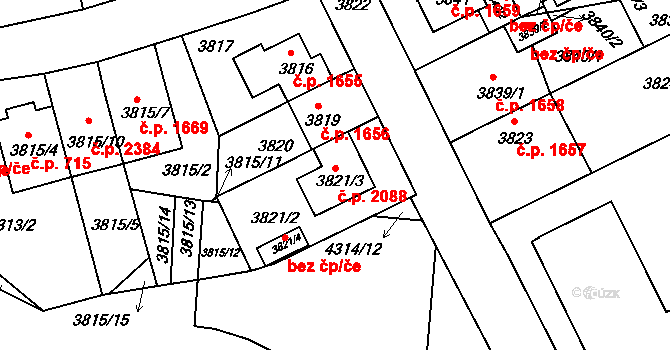 Strašnice 2088, Praha na parcele st. 3821/3 v KÚ Strašnice, Katastrální mapa