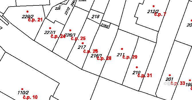 Fryštát 28, Karviná na parcele st. 216/1 v KÚ Karviná-město, Katastrální mapa