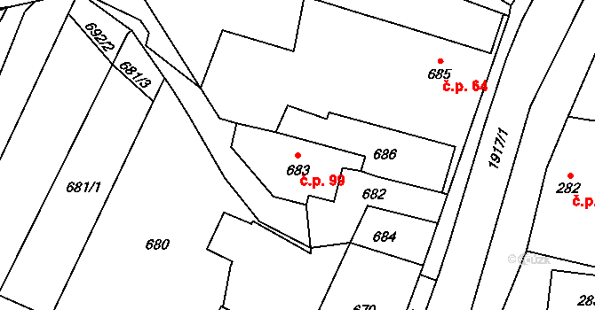 Horní Jasenka 99, Vsetín na parcele st. 683 v KÚ Jasenka, Katastrální mapa