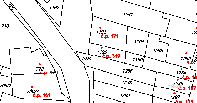 Pozořice 319 na parcele st. 1195 v KÚ Pozořice, Katastrální mapa