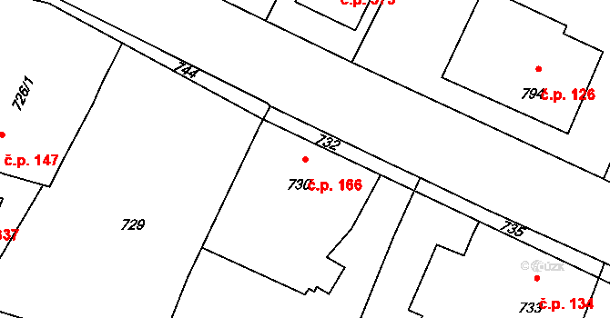 Deblín 166 na parcele st. 730 v KÚ Deblín, Katastrální mapa