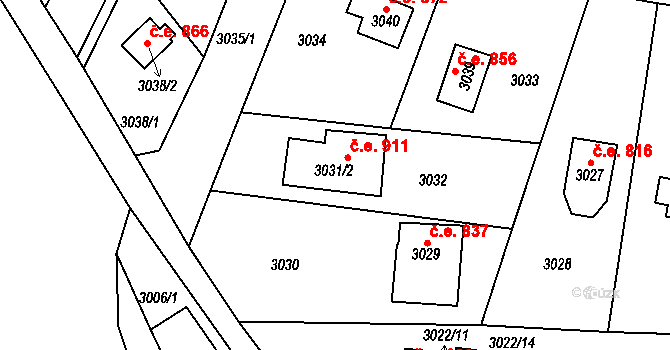 Lipence 911, Praha na parcele st. 3031/2 v KÚ Lipence, Katastrální mapa