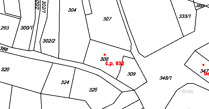 Šluknov 932 na parcele st. 308 v KÚ Šluknov, Katastrální mapa