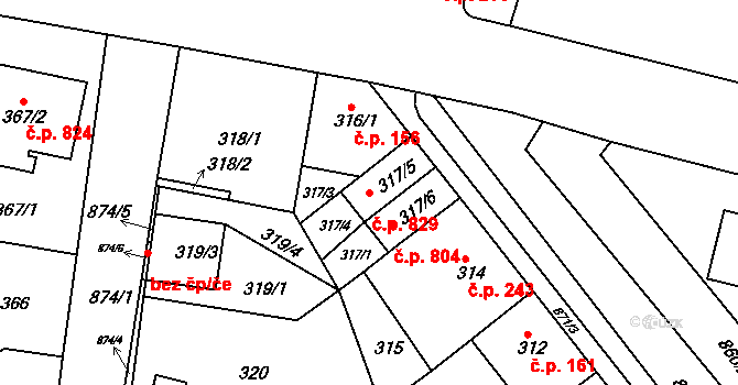 Bohnice 829, Praha na parcele st. 317/5 v KÚ Bohnice, Katastrální mapa