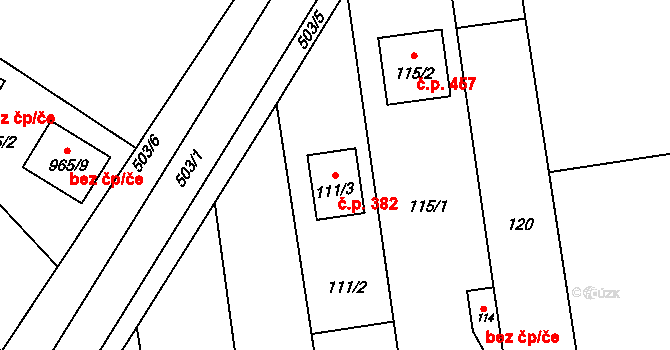 Křelov 382, Křelov-Břuchotín na parcele st. 111/3 v KÚ Křelov, Katastrální mapa
