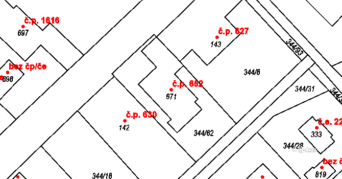 Struhařov 652, Kamenice na parcele st. 671 v KÚ Štiřín, Katastrální mapa