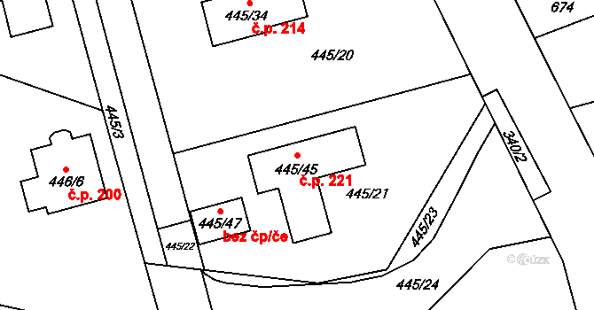 Šebrov 221, Šebrov-Kateřina na parcele st. 445/45 v KÚ Šebrov, Katastrální mapa