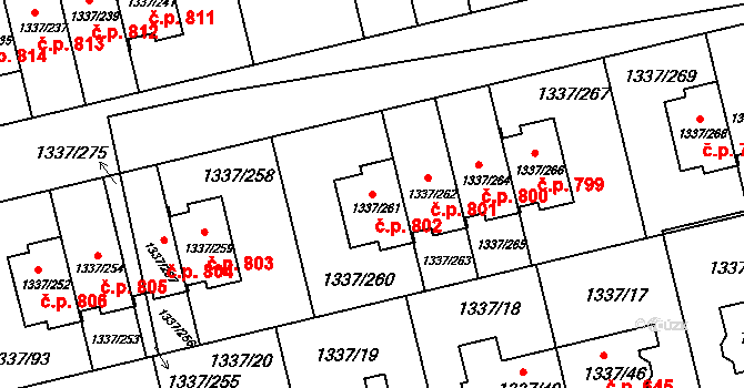 Vinoř 802, Praha na parcele st. 1337/261 v KÚ Vinoř, Katastrální mapa