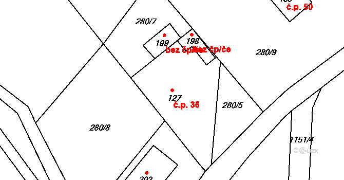 Arnoštovice 35, Heřmaničky na parcele st. 127 v KÚ Arnoštovice, Katastrální mapa