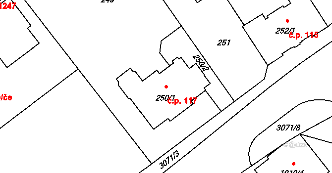 Svinov 117, Ostrava na parcele st. 250/1 v KÚ Svinov, Katastrální mapa