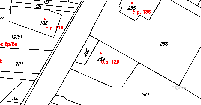 Děhylov 129 na parcele st. 259 v KÚ Děhylov, Katastrální mapa