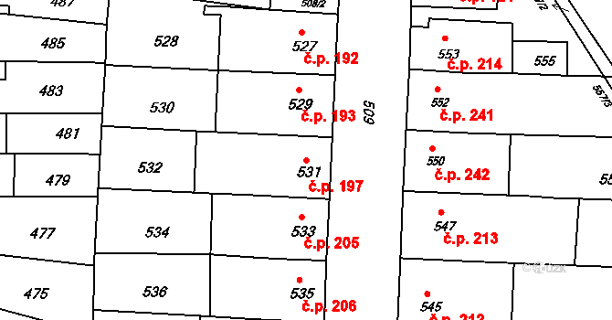 Hrušky 197 na parcele st. 531 v KÚ Hrušky u Brna, Katastrální mapa