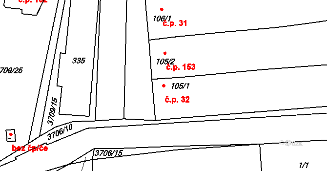 Hradčovice 32 na parcele st. 105/1 v KÚ Hradčovice, Katastrální mapa