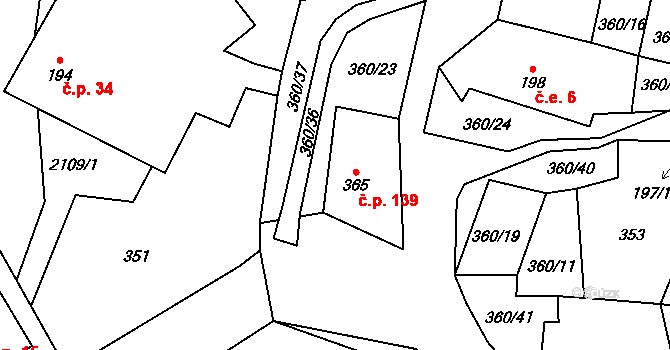 Horní Holetín 139, Holetín na parcele st. 365 v KÚ Holetín, Katastrální mapa