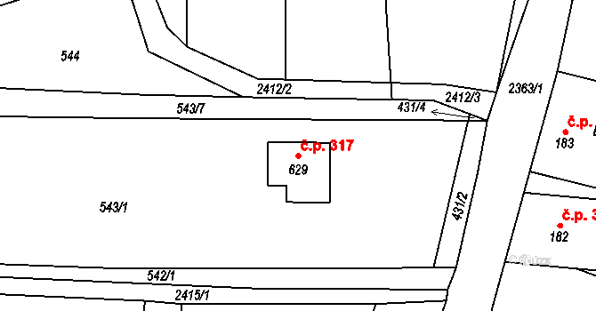Hnátnice 317 na parcele st. 629 v KÚ Hnátnice, Katastrální mapa