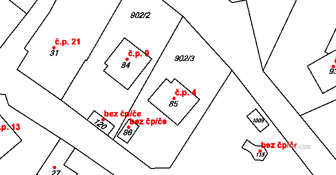 Ždánov 4 na parcele st. 85 v KÚ Ždánov, Katastrální mapa