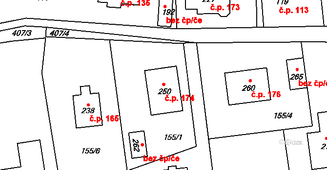 Borek 174, Rokycany na parcele st. 250 v KÚ Borek u Rokycan, Katastrální mapa