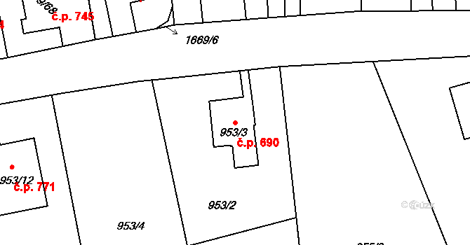 Hronov 690 na parcele st. 953/3 v KÚ Hronov, Katastrální mapa