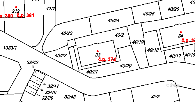 Vejprnice 374 na parcele st. 33 v KÚ Vejprnice, Katastrální mapa