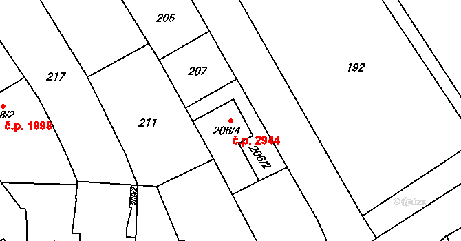 Horní Počernice 2944, Praha na parcele st. 206/4 v KÚ Horní Počernice, Katastrální mapa