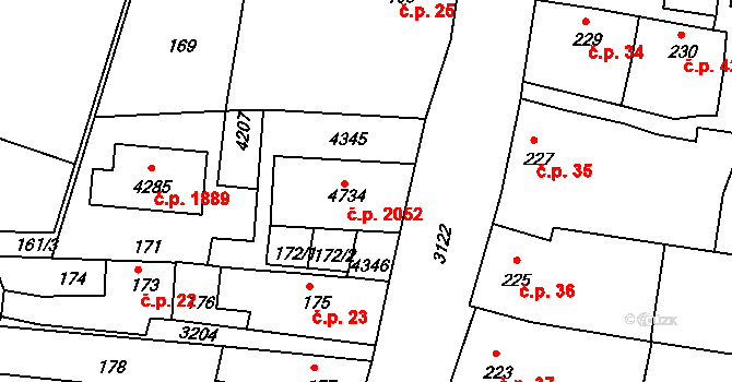 Čelákovice 2052 na parcele st. 4734 v KÚ Čelákovice, Katastrální mapa